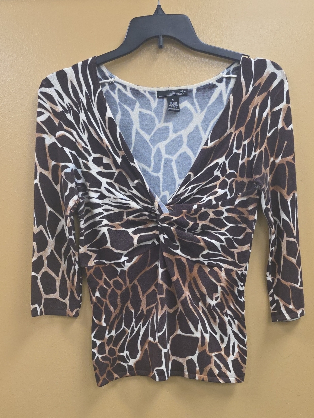 Willi Smith Brown and Cream Animal-Print Twist-Front Long Sleeve Top